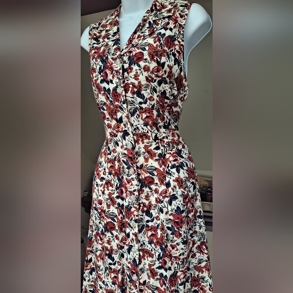 1990s JONATHAN MARTIN Off-White Floral Sundress Fitted Tie Back Tank Maxi Dress - Picture 6 of 16